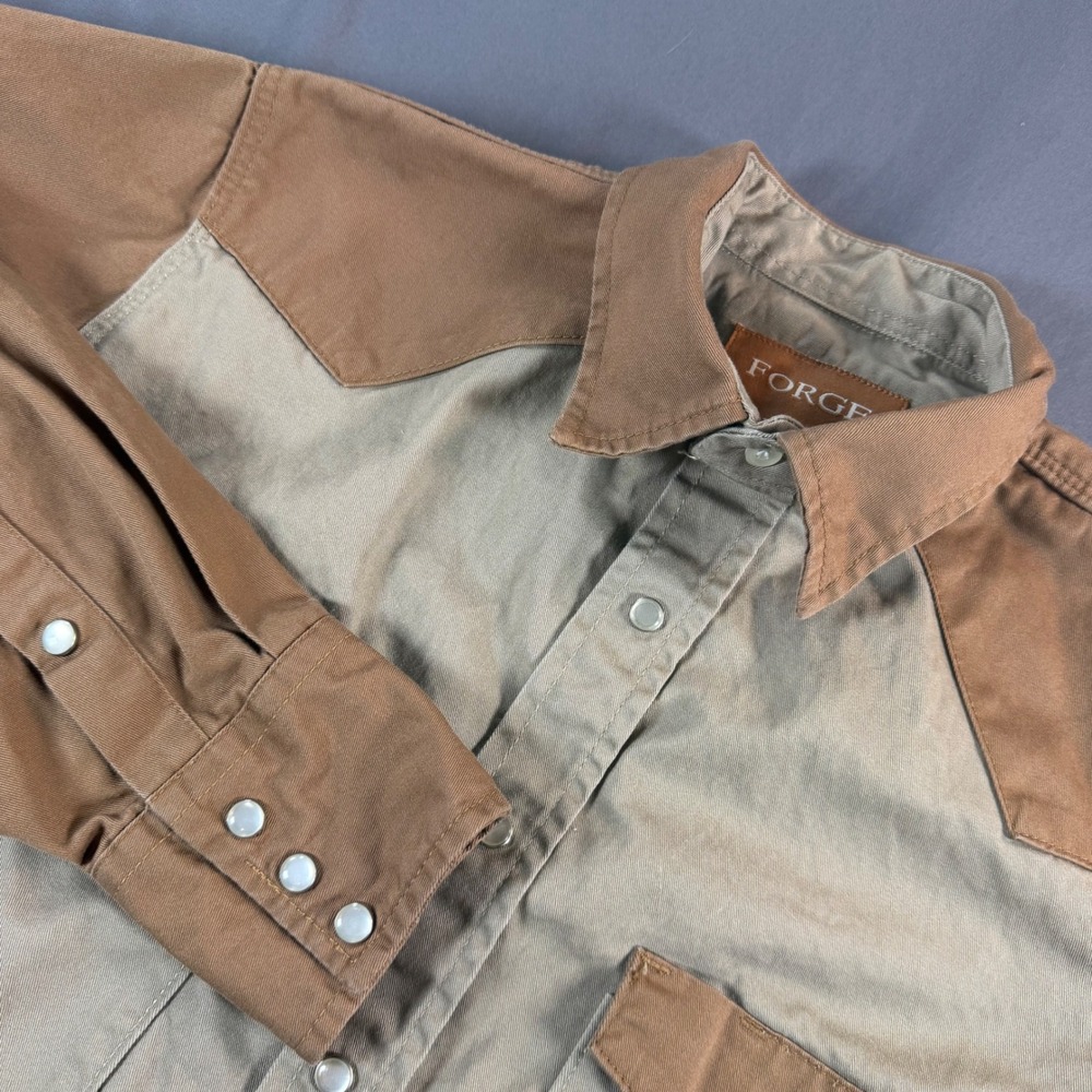 Forge Workwear Mens Medium Western Snap Two Tone Cotton Work Shirt Tan Brown
